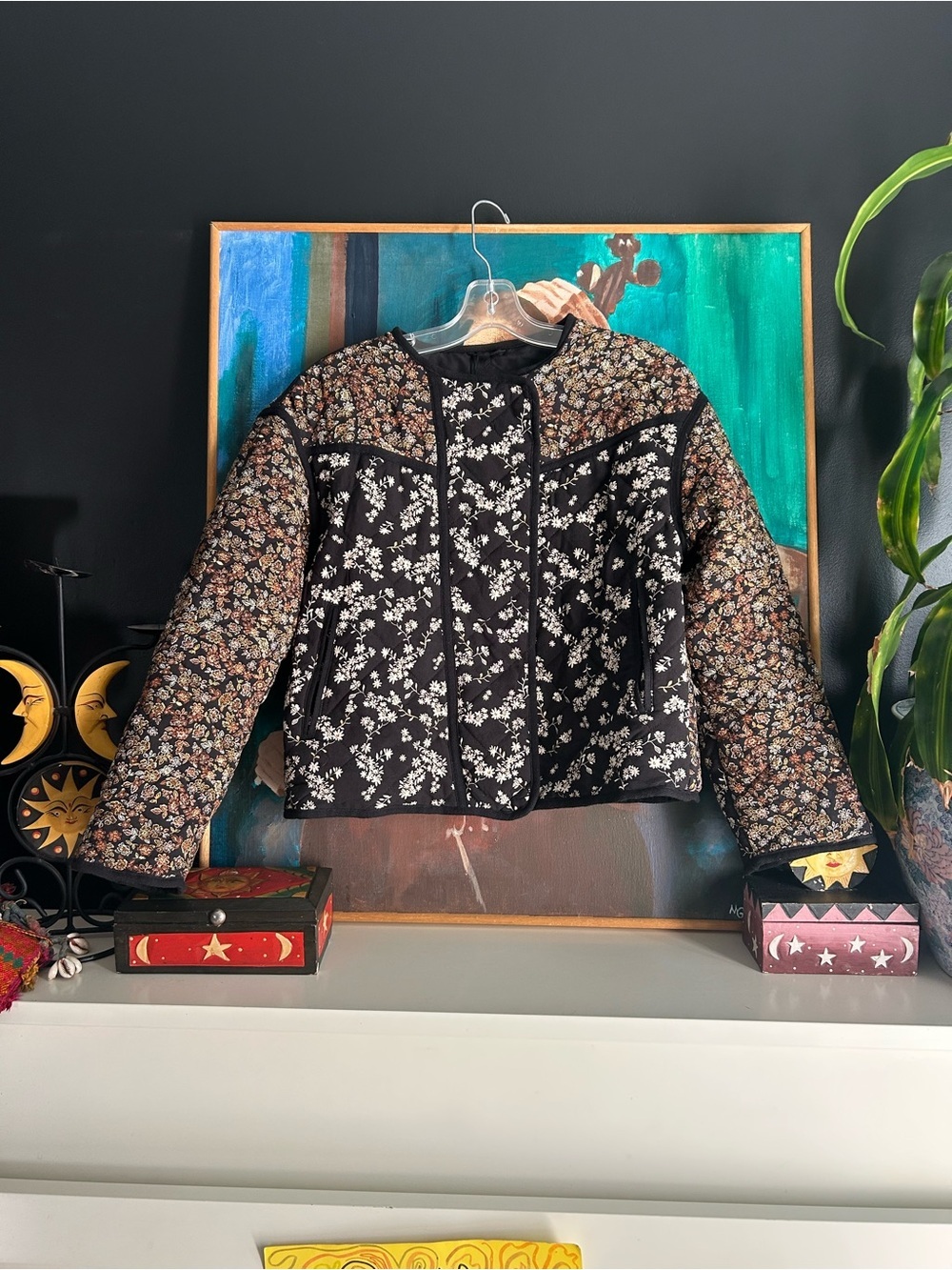 Zara Girls Quilted Floral Jacket Black Patchwork Lightweight Coat Size 11-12